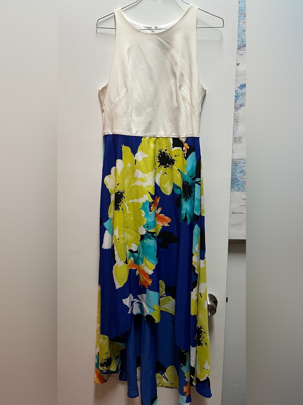 Vince Camuto White and Royal Blue Floral High-Low Dress